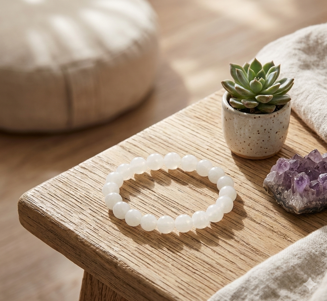 Natural Moonstone Crystal Stretch Bracelet (8mm Beads) - Image 3